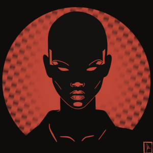 Minimalist digital artwork titled 'Enigmatic Presence' featuring a bold, shadowed figure with sharp, angular features and a bald head. The design uses stark contrasts of black and red, with the figure set against a circular red background, creating a sense of mystery and intrigue.