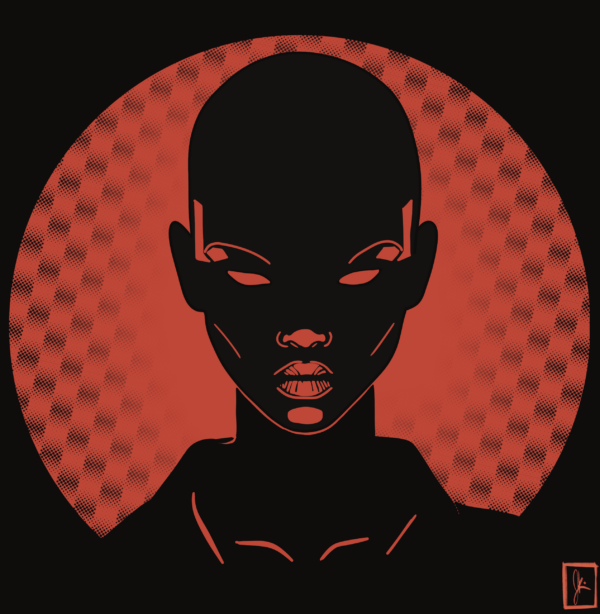 Minimalist digital artwork titled 'Enigmatic Presence' featuring a bold, shadowed figure with sharp, angular features and a bald head. The design uses stark contrasts of black and red, with the figure set against a circular red background, creating a sense of mystery and intrigue.