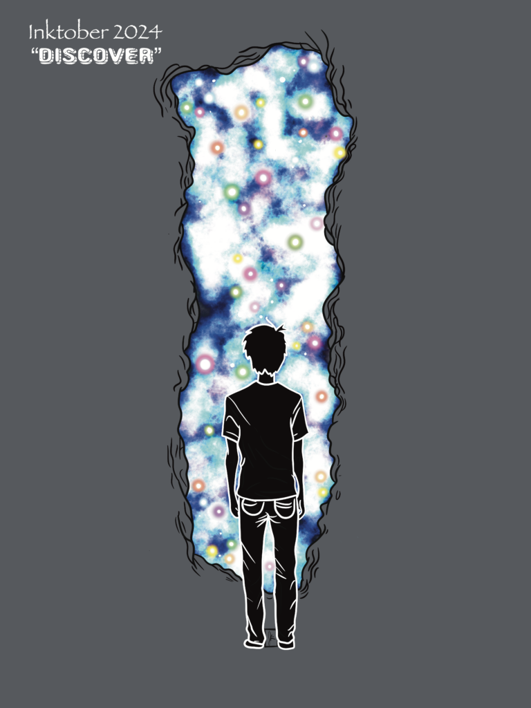 A digital illustration for Inktober 2024 titled 'Discover.' It depicts the silhouette of a person standing in front of a glowing, ethereal portal filled with vibrant, galaxy-like colors, including swirling blues, whites, and dots of various hues. The figure, dressed in a t-shirt and jeans, faces away from the viewer, gazing into the mesmerizing, otherworldly scene. The background is a solid dark gray, and the text 'Inktober 2024' and 'Discover' is written in the top left corner