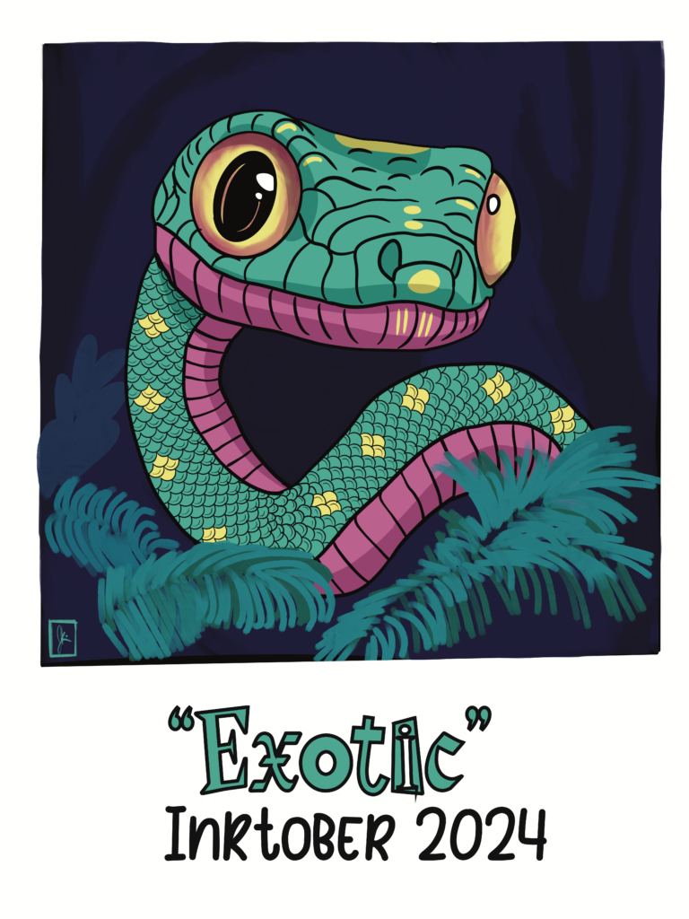 This digital artwork showcases a snake with a vibrant color palette, featuring teal and pink scales, set against a dark blue backdrop. The snake has large, expressive yellow eyes, adding a captivating element to its appearance. The word "Exotic" in bold, stylized green lettering is displayed at the bottom, along with the text "Inktober 2024," marking the piece as part of a themed art challenge. The style is cartoonish with a modern twist, emphasizing bright colors and clear, bold outlines.