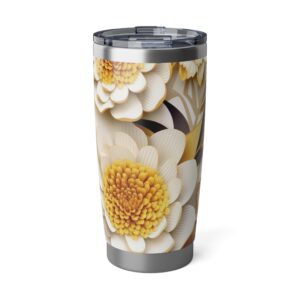 Shop the Golden Bloom Vagabond Tumbler, an eco-friendly travel mug with stunning floral design, double-wall insulation, and spill-resistant lid