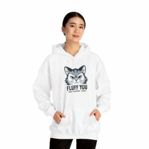 Funny cat hoodie in white with grumpy cat design, unisex heavy blend sweatshirt