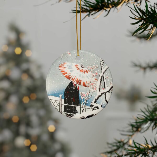 Winter Serenity Ceramic Ornament featuring Hiroaki Takahashi’s Plum Tree in Snow design