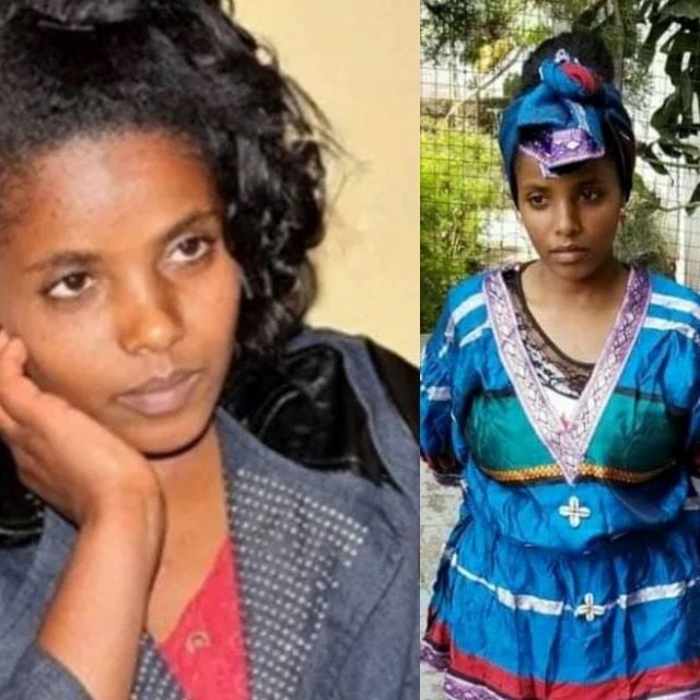 This image features two photos of Muluwork, the Ethiopian woman known for her claim of living without food or water for 16 years. On the left, Muluwork rests her head on her hand, dressed in casual attire with a thoughtful expression. On the right, she wears a vibrant traditional blue dress with intricate designs and a matching headpiece, standing outdoors against a backdrop of greenery. These contrasting images showcase both her serene demeanor and her connection to Ethiopian culture and tradition.