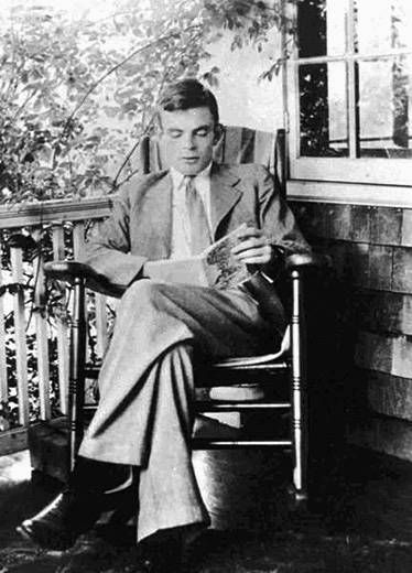 Alan Turing seated in a rocking chair on a shaded porch, dressed in a formal suit and tie, reading a book. The relaxed setting is surrounded by greenery and a partially visible window, offering a glimpse into a serene moment of contemplation in his life.