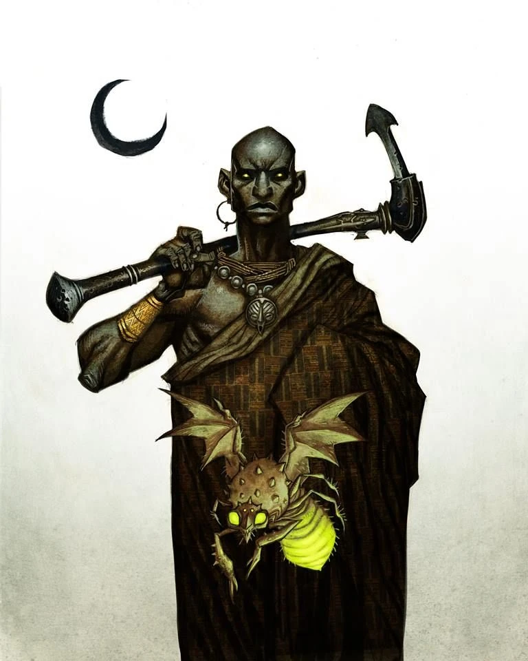 A dark fantasy depiction of a warrior with glowing yellow eyes, dressed in a traditional brown robe with golden accessories. He holds a double-headed weapon over his shoulder. A spiky-winged insect with a glowing green abdomen hovers near him. A crescent moon floats in the background.