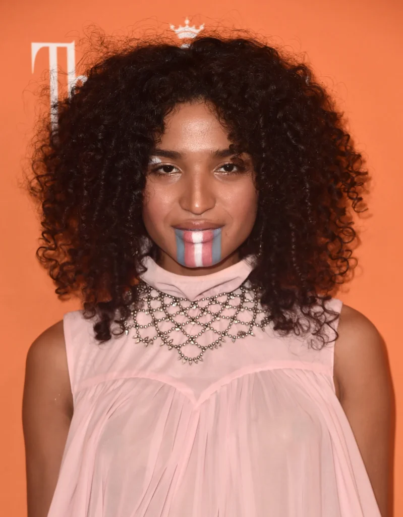  Indya Moore poses against an orange backdrop, wearing a soft pink sleeveless dress with delicate pleats and an ornate beaded neckline. Their makeup includes shimmering silver eyeshadow and a striking design on their lips, painted in the colors of the transgender pride flag—blue, pink, and white. Their voluminous curly hair frames their face as they give a subtle smile.