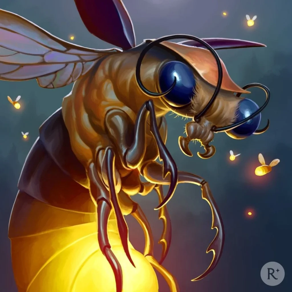 A highly detailed digital painting of a monstrous firefly with large, reflective blue eyes, jagged mandibles, and sharp legs. Its glowing abdomen illuminates the dark background, which is populated with smaller fireflies. The scene is set in a misty, atmospheric forest.