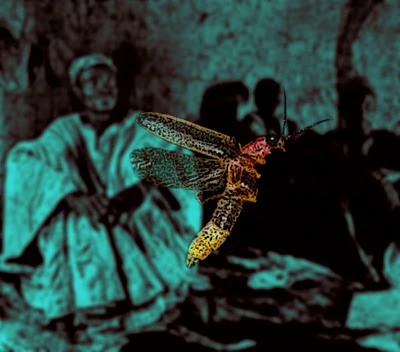 A digital artwork featuring a brightly colored locust-like insect with a reddish-orange head and yellow body, hovering in the foreground. The background consists of an altered, darkened image of people in traditional clothing, giving it an eerie, vintage effect.