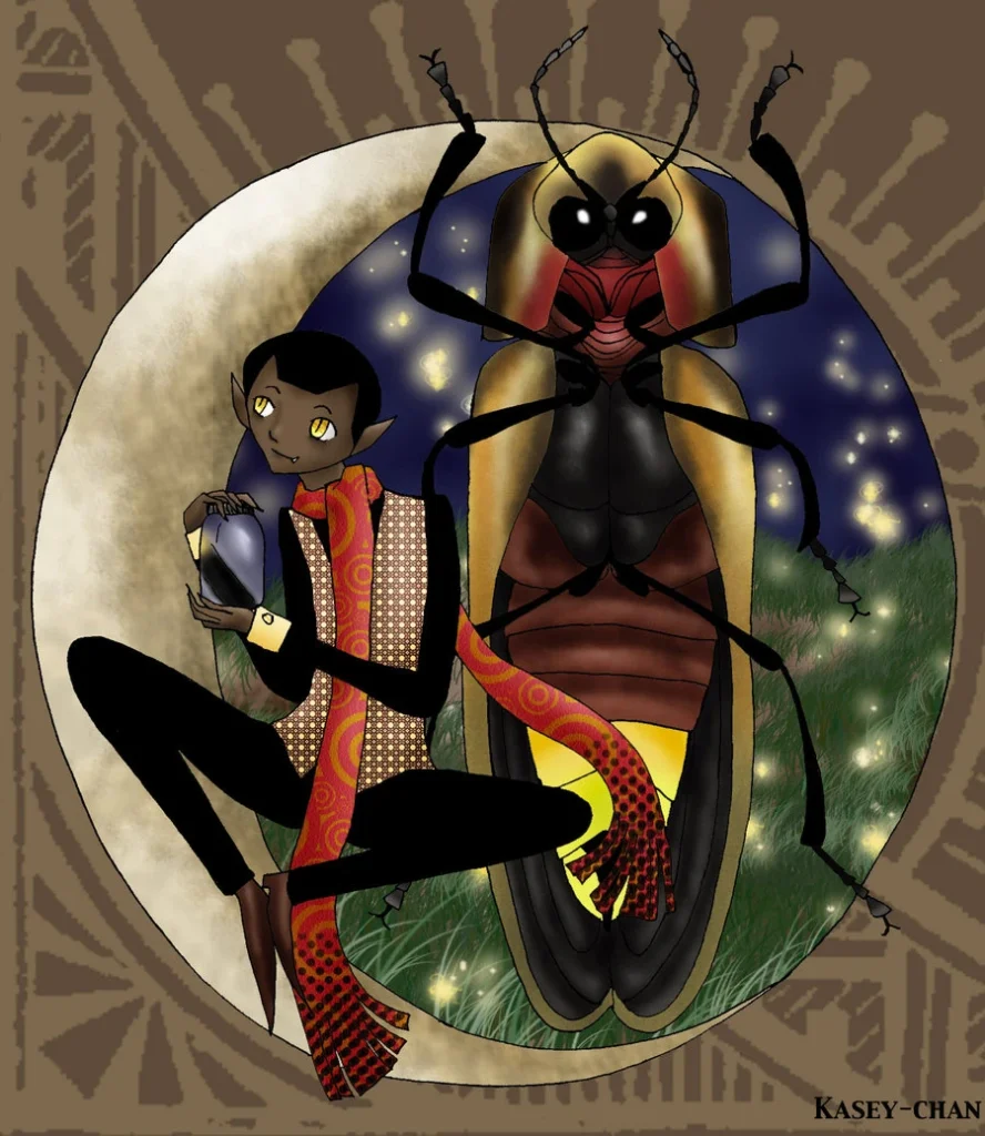 A stylized fantasy illustration of an elf-like figure with golden eyes, seated within a circular frame. He wears a patterned vest and a long, flowing red scarf while holding a small, glowing lantern. Behind him looms a large firefly-like creature with an intense black gaze, glowing yellow abdomen, and red and gold body. The night sky is dotted with tiny fireflies.