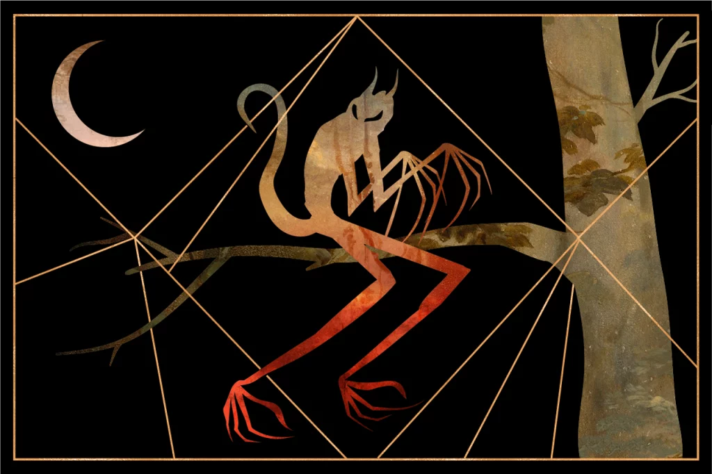 A stylized, geometric digital illustration of a Sasabonsam, a vampiric creature from West African folklore, perched on a tree branch under a crescent moon. The creature has an elongated, skeletal form with sharp, clawed hands and feet. Its twisted horns and hunched posture give it an eerie presence. The background is black with gold geometric accents, enhancing the mystical and supernatural aesthetic.