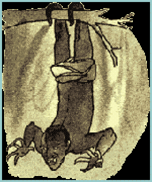 A vintage-style illustration of a Sasabonsam, a vampiric creature from West African folklore, hanging upside down from a tree branch. The humanoid figure has elongated limbs, clawed hands, and an eerie, menacing expression. The grainy texture of the artwork adds an old-world, mythological feel to the depiction.