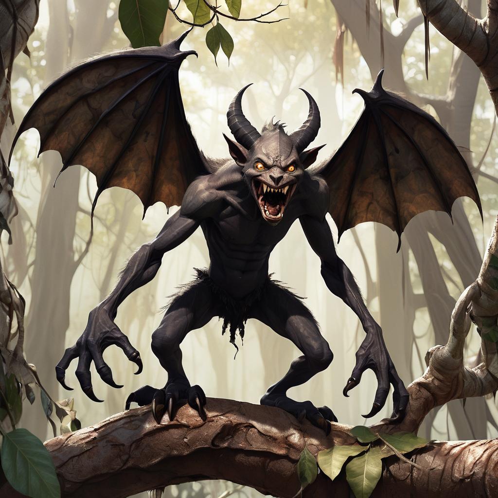 A Sasabonsam, a terrifying vampiric creature from West African folklore, perches on a tree branch in a dense jungle. It has dark, leathery skin, large bat-like wings, glowing yellow eyes, and sharp claws. Its horned head and menacing snarl emphasize its predatory and supernatural nature. Sunlight filters through the trees, casting an eerie glow on the scene.