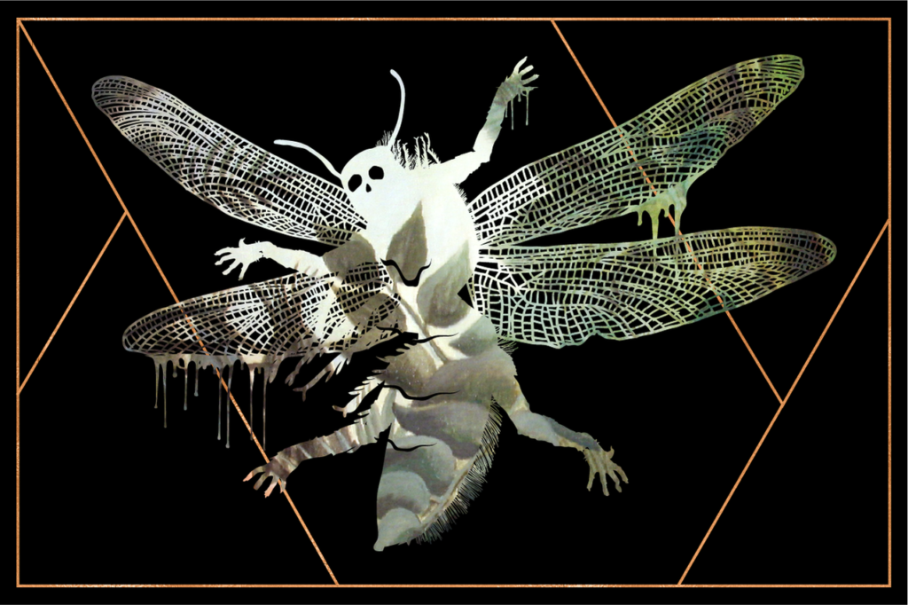 A surreal illustration of a hybrid creature combining a human form with a cicada-like insect. The creature has translucent, veined wings, elongated limbs, and a ghostly white skull-like face. The background features geometric golden lines on a black canvas.