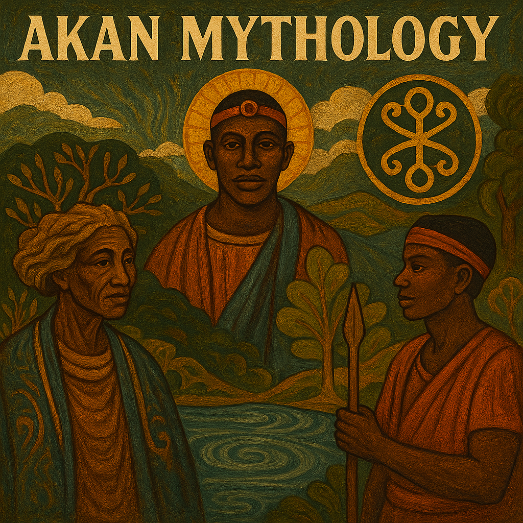 A richly detailed oil or acrylic painting depicting scenes from Akan mythology. The composition features a blend of divine and ancestral figures set against a lush, natural backdrop. At the center, a radiant sky deity symbolizing Nyame presides over the cosmos with outstretched arms. Below, Asase Yaa, the Earth goddess, is portrayed nurturing the land, surrounded by fertile greenery and animals. To one side, Anansi the spider trickster is shown weaving a web of stories, while a river deity, likely Tano, flows through the scene represented by shimmering water. The figures wear traditional Akan garments, adorned with gold and beads, and the entire piece is painted in vibrant, earthy tones with intricate cultural patterns.