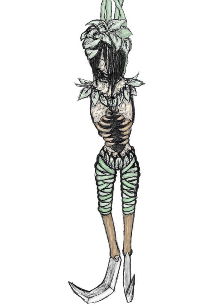 A surreal illustration of a Sasabonsam, a vampiric creature from West African folklore, hanging upside down with plant-like features integrated into its skeletal body. The creature has an exposed ribcage, wrapped legs, and large scythe-like feet. Leaves sprout from its head and shoulders, blending organic and supernatural elements. Its face is obscured by dark, tangled hair, enhancing its eerie and unsettling appearance.