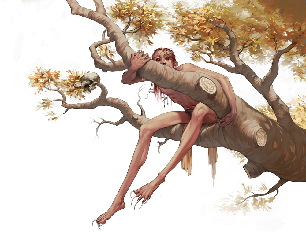 A haunting digital painting of a Sasabonsam, a vampiric forest-dwelling creature from West African folklore, perched on a thick tree branch. The creature has emaciated, elongated limbs, sharp clawed feet, and a gaunt, eerie face with hollow eyes and blood-streaked hair. A human skull dangles from a nearby branch, emphasizing its predatory nature. The autumnal foliage surrounding the creature contrasts with its pale, almost lifeless appearance, adding to the unsettling atmosphere.