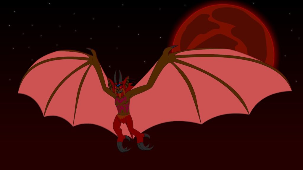 A stylized digital illustration of a Sasabonsam, a bat-like vampiric creature from West African folklore, soaring against the backdrop of a massive blood-red moon. The creature has large, outstretched pinkish wings, sharp claws, and a menacing expression. Its muscular form and glowing red eyes add to its intimidating presence, while the dark starry sky enhances the eerie atmosphere.