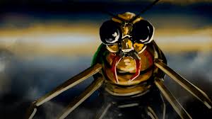 A close-up portrait of a large, menacing insect with a greenish-gold exoskeleton, sharp red mandibles, and reflective black eyes. The background features a dramatic sky with dark clouds and golden light at the horizon.