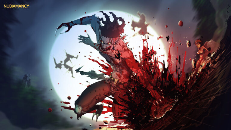 A dynamic and intense digital painting of a Sasabonsam, a vampiric creature from West African folklore, attacking in a blood-soaked frenzy under the full moon. The monstrous figure, with glowing eyes, sharp claws, and dreadlocked hair, tears through its victim, sending a massive spray of blood into the air. In the background, shadowy winged figures fly across the moonlit sky, while a horrified woman watches the carnage from a distance. The dark forest setting enhances the nightmarish and supernatural atmosphere.