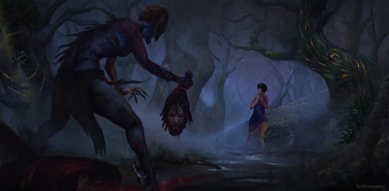 A dark fantasy digital painting depicting a terrifying Sasabonsam, a vampiric creature from West African folklore, standing in a misty forest at night. The creature has bluish skin, elongated limbs, sharp claws, and holds a severed head dripping with blood. A horrified woman in a blue dress stands in the background, covering her mouth in fear as she watches the gruesome scene unfold. The twisted trees, eerie lighting, and glowing patterns on the bark enhance the supernatural horror of the setting.