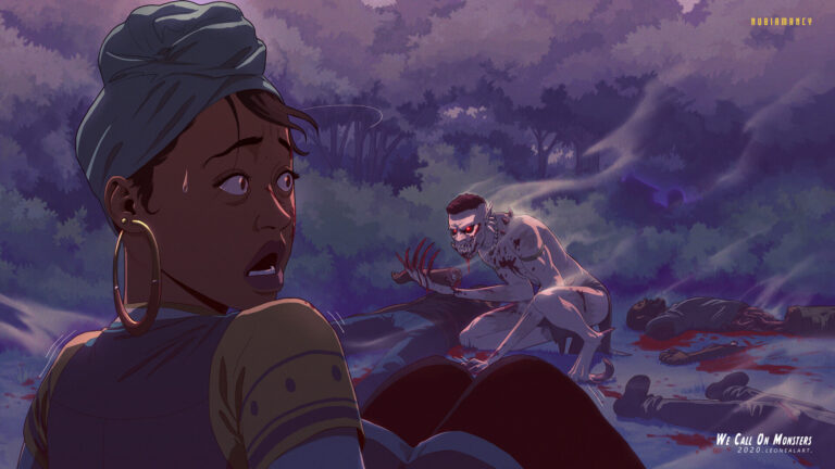 A tense and dramatic digital illustration featuring a terrified woman with a headscarf and gold earrings looking over her shoulder at a monstrous Sasabonsam. The creature, with pale skin, blood-streaked face, glowing red eyes, and sharp claws, crouches among the bodies of its victims in a misty forest. The background is filled with eerie fog and silhouettes, adding to the horror and suspense of the scene. The text in the bottom right corner reads, "We Call On Monsters," emphasizing the dark and supernatural theme.