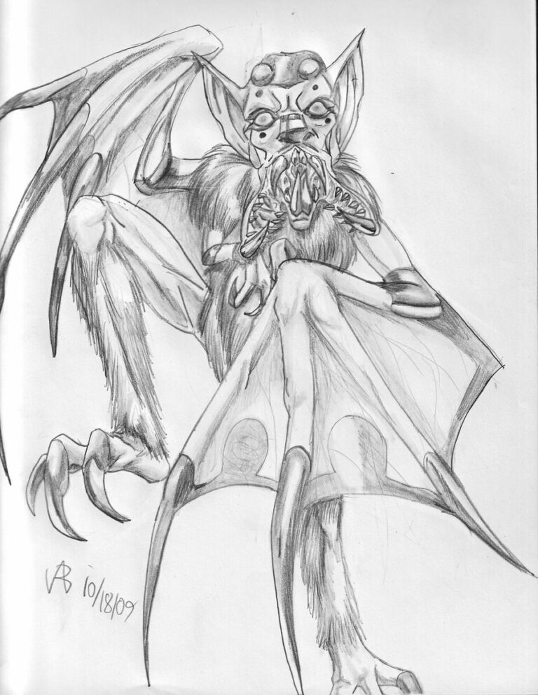 A pencil sketch of a Sasabonsam, a vampiric bat-like creature from West African folklore. The creature has an insectoid face with multiple eyes, large pointed ears, sharp fangs, and membranous wings with eerie shadowy faces embedded in them. Its clawed limbs and hunched posture give it a menacing and otherworldly appearance. The detailed shading adds depth and texture, enhancing its monstrous form.