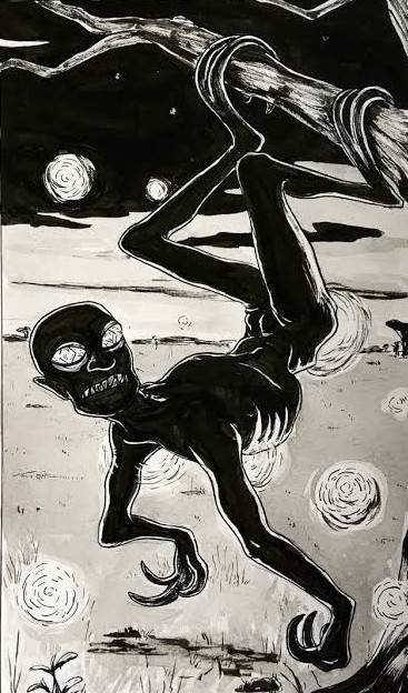 A black-and-white ink drawing of a Sasabonsam, a vampiric creature from West African folklore, hanging upside down from a tree branch. The creature has a skeletal, emaciated body, large glowing eyes, and elongated clawed hands and feet. Its sinister grin adds to its eerie and predatory nature. The background features a surreal, starry night with swirling orbs of light, giving the image an unsettling, dreamlike atmosphere.