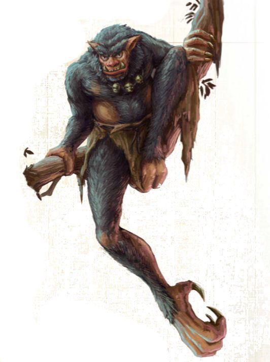 A digital painting of a Sasabonsam, a vampiric creature from West African folklore, hanging from a tree. The creature has dark, shaggy fur, sharp teeth, pointed ears, and a menacing grin. Its muscular arms grip the tree trunk while its long, hooked feet dangle below. It wears a tattered loincloth and a necklace made of small skulls, emphasizing its predatory nature. The creature clutches a broken branch, as if ready to strike, adding to its fearsome and beastly presence.