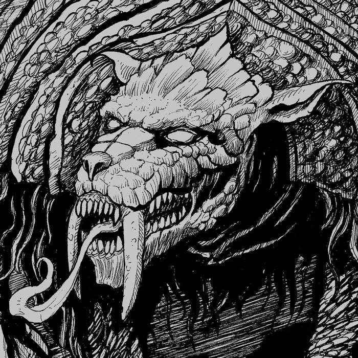 A black-and-white ink drawing of the Dingonek, a cryptid from East African folklore. The creature is depicted with a feline-like face, large tusks similar to a walrus, and a body covered in scales. Its tongue is extended in a serpent-like manner, adding to its fearsome appearance.