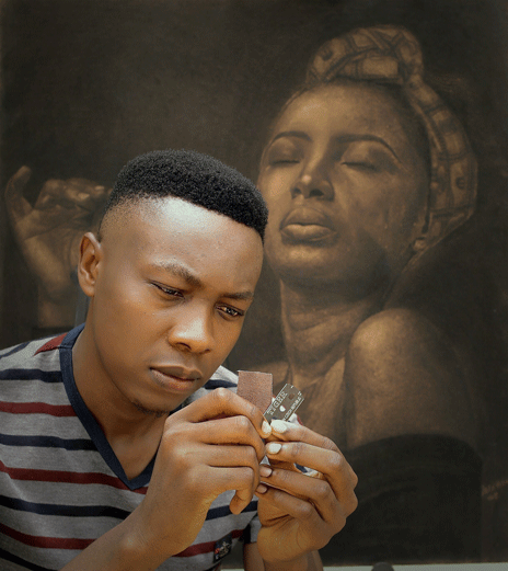 A young artist, Alex Peter Idoko, is seen sharpening a razor blade while working on a hyperrealistic pyrography artwork in the background. The artwork features a woman with closed eyes in a serene expression, created entirely using fire and a razor blade.