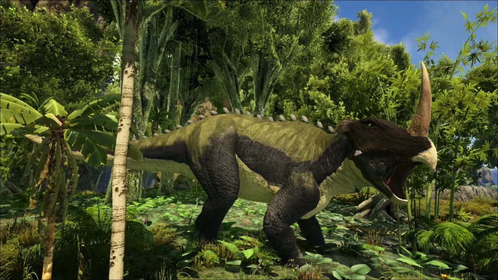A 3D-rendered depiction of the Emela-Ntouka in a dense, tropical jungle environment. The creature has a large nasal horn, a row of spines along its back, and a long tail.