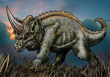  A fantasy-style digital painting of a horned, dinosaur-like creature resembling a ceratopsian, walking through tall grass in a prehistoric or jungle environment.