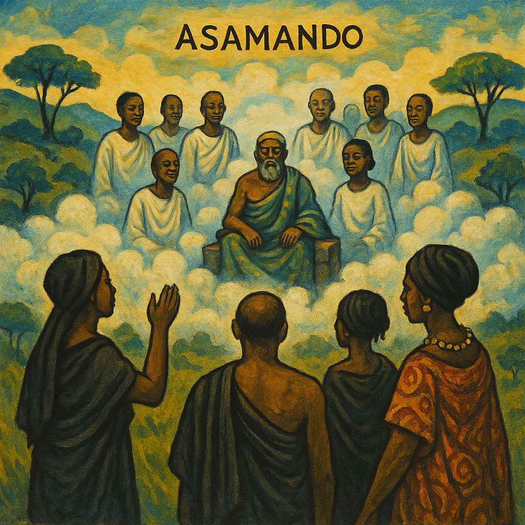 A vibrant painting representing Asamando, the Akan spirit realm. The foreground shows mourners in traditional attire offering libations, while translucent ancestral spirits float above a misty, tree-dotted landscape. The background features rolling hills under a radiant sky blending warm oranges, purples, and blues, symbolizing the spiritual transition between worlds. The overall tone is reverent and mystical, highlighting the connection between the living and the dead.