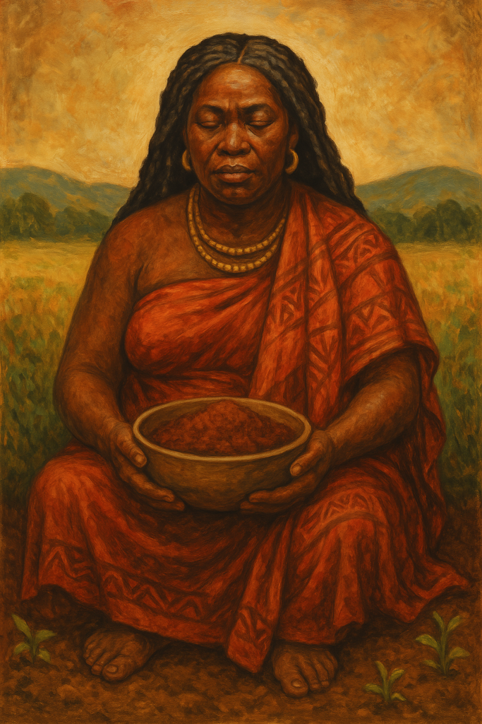 A traditional-style painting of Asase Yaa, an African Earth goddess, depicted as a mature African woman with dark skin and braided hair. She sits calmly holding a large earthenware bowl filled with soil. She wears patterned fabric and intricate gold jewelry. The background shows a dry, earthy landscape with reddish tones, symbolizing her connection to land, life, and ancestral power.
