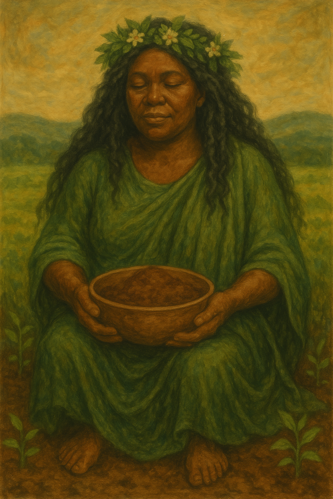 An oil painting of a serene African Earth Mother figure, representing Asase Yaa. She has dark brown skin and wears a flowing green robe. She sits in harmony with nature, holding a bowl of soil, surrounded by fertile greenery, flowering plants, and rolling hills. A golden sky glows behind her, emphasizing her nurturing presence and connection to the living earth.