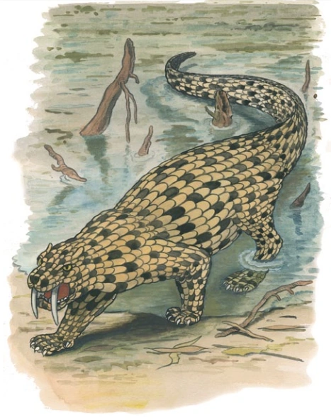 A detailed illustration of the Dingonek by Philippe Coudray, appearing in Guide des Animaux Cachés (2014). The cryptid is portrayed as a quadrupedal, heavily armored mammal with thick scales, a long reptilian tail, and large saber-like teeth, walking near a swampy water source.
