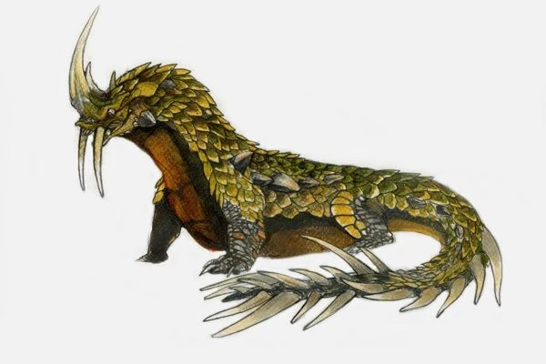 A fantasy-style depiction of the Dingonek with exaggerated features, including a horn on its head, a jagged tail with bladed protrusions, and armored plates covering its body. The design blends reptilian and feline characteristics.