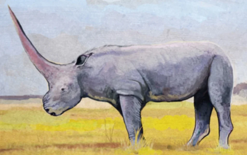 A hand-drawn or digitally painted image of a grey, rhino-like animal with an extremely long and pointed horn, standing in a grassy plain with a cloudy sky.