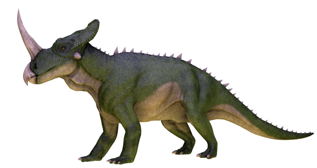 A high-quality digital 3D render of the Emela-Ntouka, showing a green and yellow-scaled creature with a long, powerful tail, a prominent horn, and a reptilian appearance.