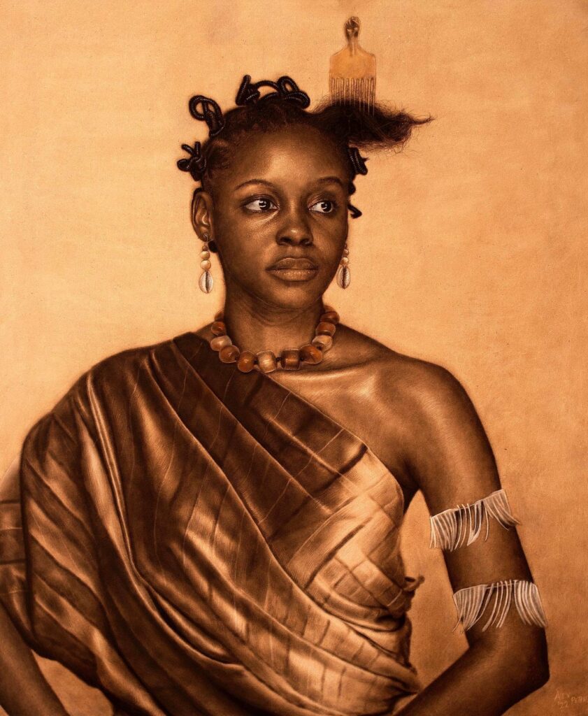 Portrait of a Young African Woman
A pyrography artwork of a young African woman dressed in traditional attire. She wears a cloth draped over her shoulder, tribal jewelry, and has an ornamental comb placed in her natural hair. The artwork captures the rich texture and cultural heritage through the burned wood technique.