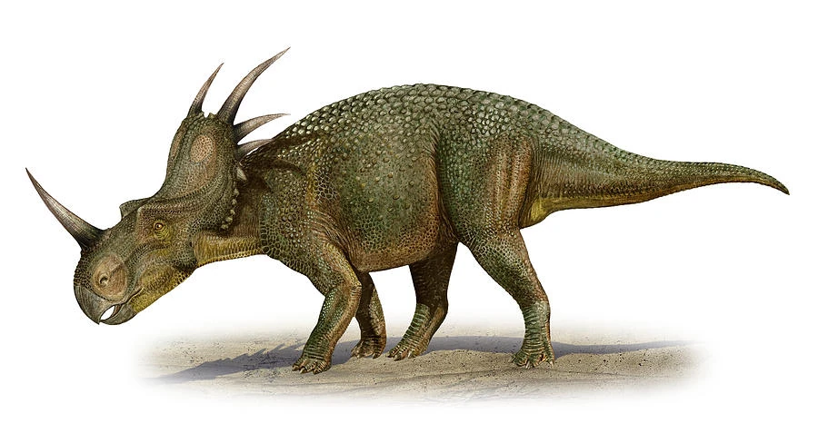 Ceratopsian-like Creature with Spiky Frill – A green, scaly dinosaur-like creature with a long snout, a nasal horn, and multiple backward-facing spikes on its head, walking in a dry, arid environment.