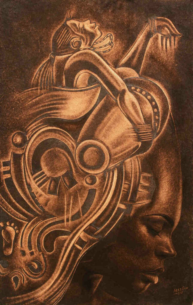 "Rhythm of Thought" by Alex Peter
A detailed pyrography artwork of a woman’s face combined with intricate abstract patterns and swirling elements. The design incorporates cultural motifs and a surreal expression, giving the piece depth and movement.