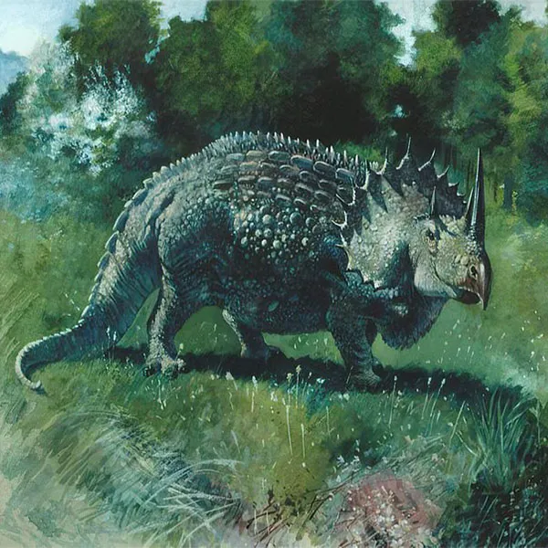 A highly detailed, realistic painting of the Emela-Ntouka, featuring a heavily armored body, thick scales, a large horn, and a strong stance in a lush, green environment.