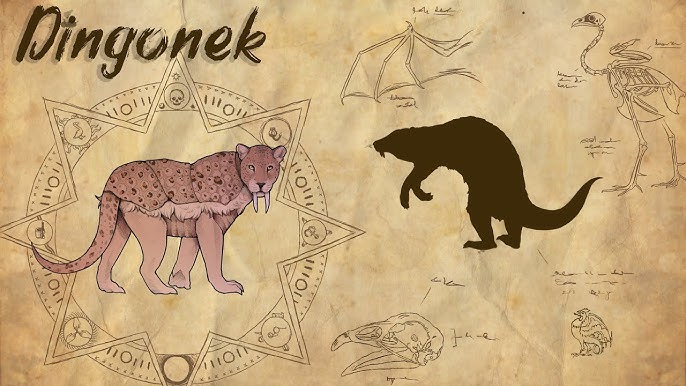 A vintage, parchment-style illustration of the Dingonek, featuring anatomical sketches and cryptozoological notes. The design includes a profile view of the creature with saber fangs, a large tail, and a spotted feline body. Silhouettes of its possible skeletal structure and evolutionary relationships are included.