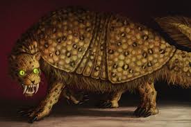 A realistic artistic rendering of the Dingonek with bright glowing green eyes, a thick armored hide, and saber teeth. The painting presents a more menacing and lifelike interpretation of the cryptid.