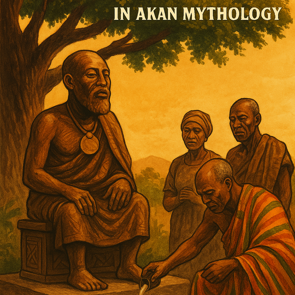 A traditional Akan ancestral veneration scene set beneath a large tree, with three people in colorful traditional clothing pouring libation before a bronze statue of an elder. The sky glows golden, symbolizing spiritual presence, while earthy tones and ceremonial objects highlight the sacred connection between the living and the ancestors.