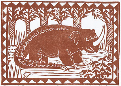 Traditional African Depiction of Emela-Ntouka – A stylized, monochromatic print illustration showing a large, crocodile-tailed beast with a prominent curved horn, elephant-like ears, and thick limbs, standing in a shallow river with trees in the background.