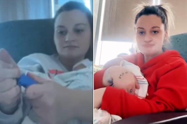 Left: Alexandra Linsey Hill, also known as Allie Rae, sits in a hospital chair wearing a light-colored hoodie. She cradles her swaddled newborn and appears to unplug a blue medical sensor.
Right: Alexandra wears a red hoodie, holding the same newborn. She stares at the camera with a flat expression during what appears to be a livestream.