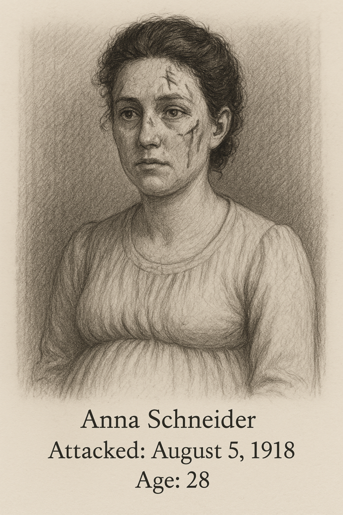 Graphite portrait of Anna Schneider, a 28-year-old pregnant woman attacked in 1918. The drawing shows her from the chest up, with a solemn expression and visible facial wounds, including cuts on her cheek and forehead. Her dark hair is disheveled, and she wears a loose, textured dress. The background is softly shaded, emphasizing the emotional weight of the scene.